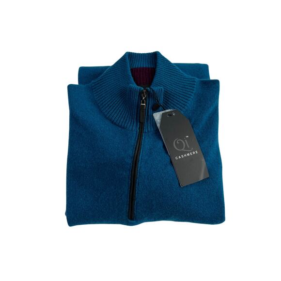 1-33 QI CASHMERE Men's Sweater Zip-Henley Teal 100% Cashmere Large - Picture 11 of 16